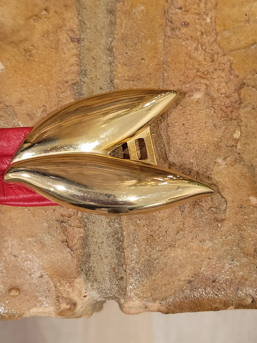 Vintage 80's Red Leather Waist Belt with Gold Leaf Accent